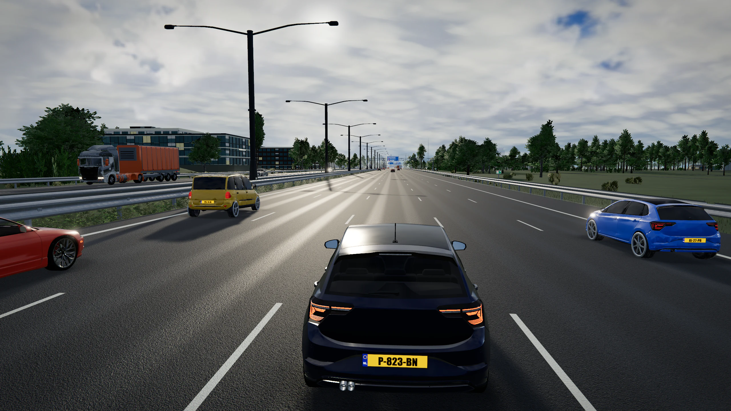 Donkerblauwe spelersauto met parelmoerlak en vijf CPU-rivalen op de startgrid bij Holendrecht