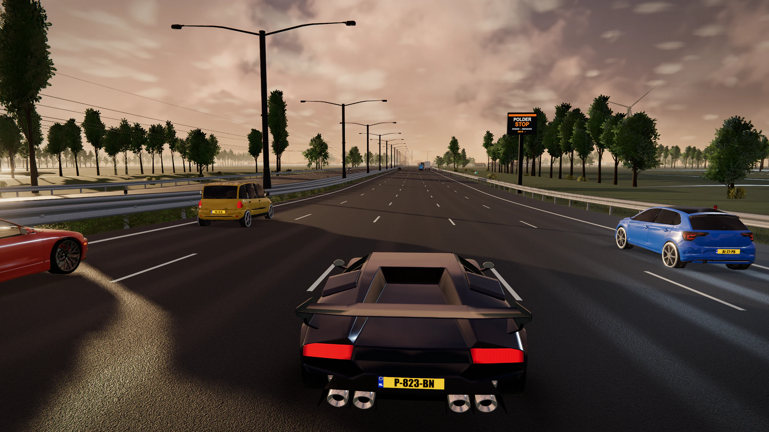 Donkerblauwe sportauto met parelmoerlak en CPU-rivalen in het avondlicht