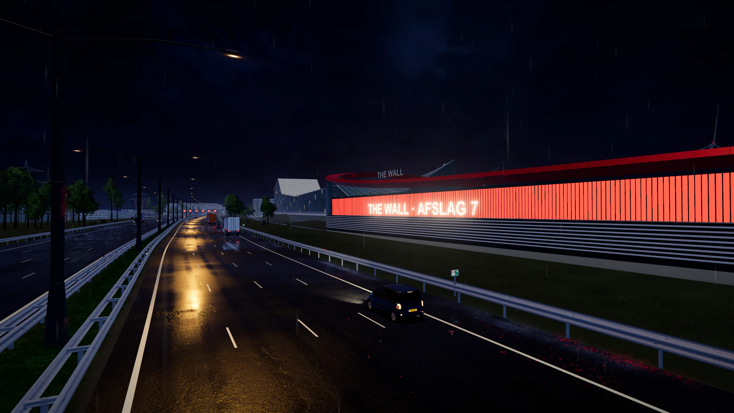 The Red Wall in Utrecht naast een donkerblauwe raceauto en goudkleurige lampreflecties op nat asfalt