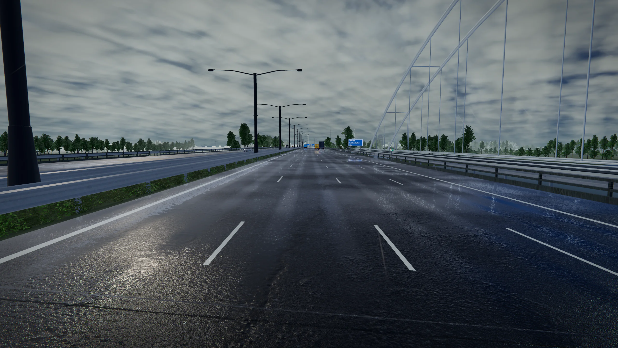 In-game beeld van de Jan Blankenbrug in de regenachtige dagetappe tussen Vianen en Culemborg