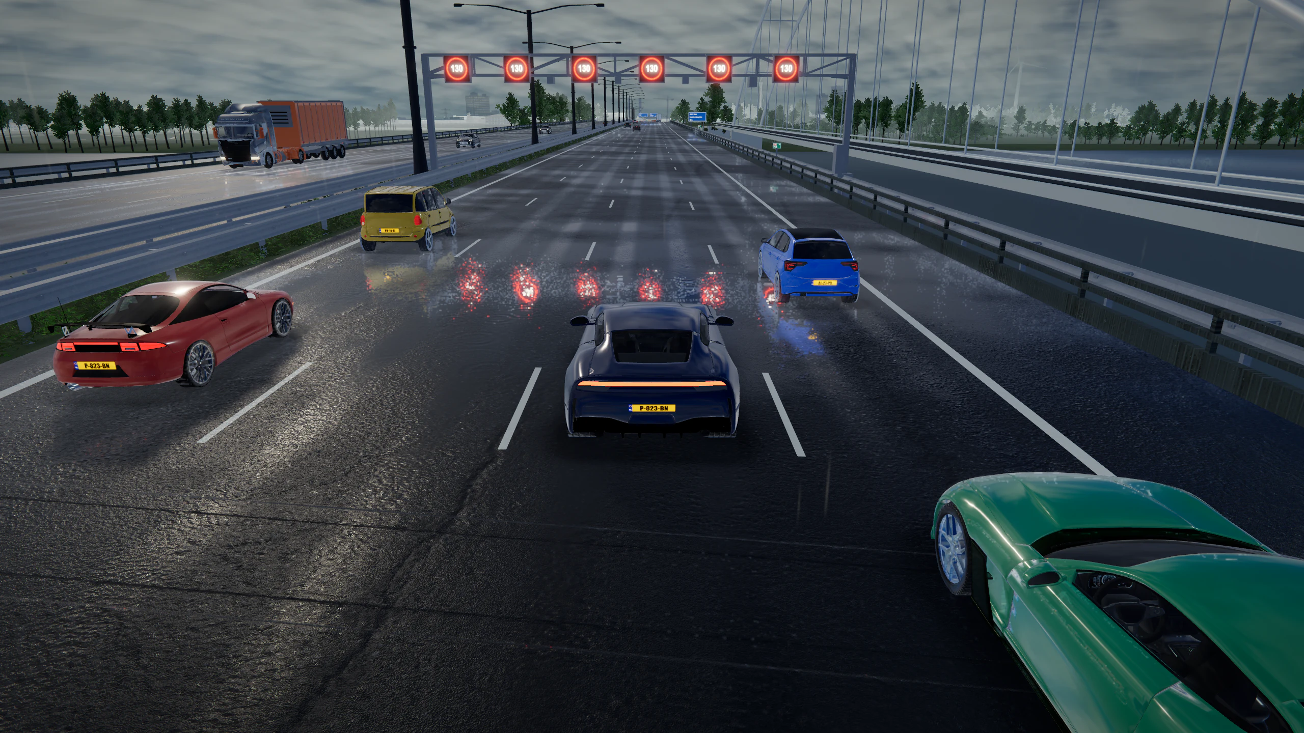 Donkerblauwe spelersauto met parelmoerlak en vijf CPU-rivalen bij de Jan Blankenbrug