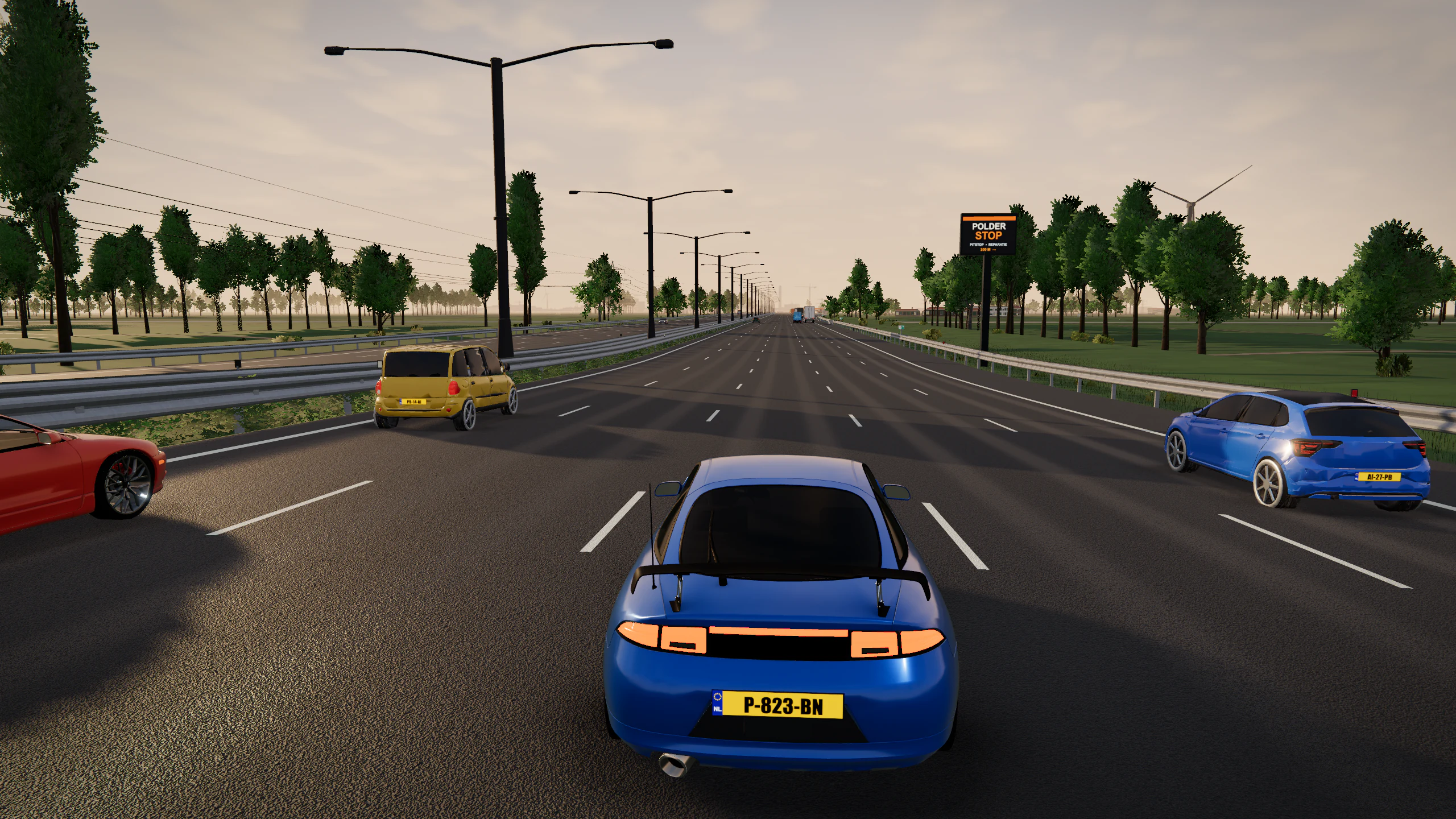 Blauwe metallic coupé op de A2 door fris lentegroen in de ochtendzon