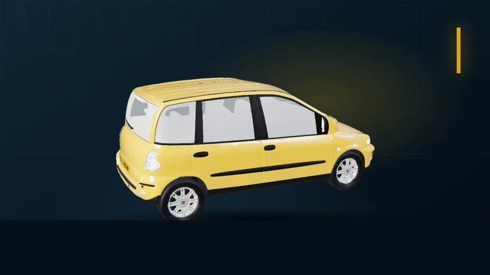 Gele Fiallo Multiva als echte 3D-render uit de Polderburn-garage