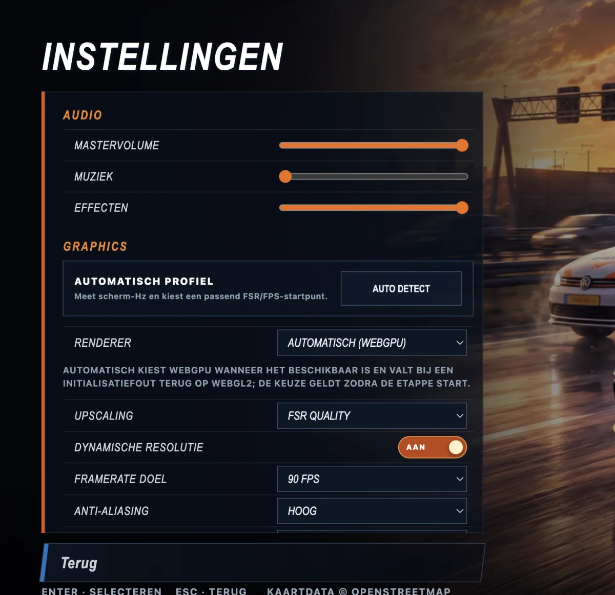 Het Polderburn-instellingenscherm met automatische detectie, FSR en dynamische resolutie