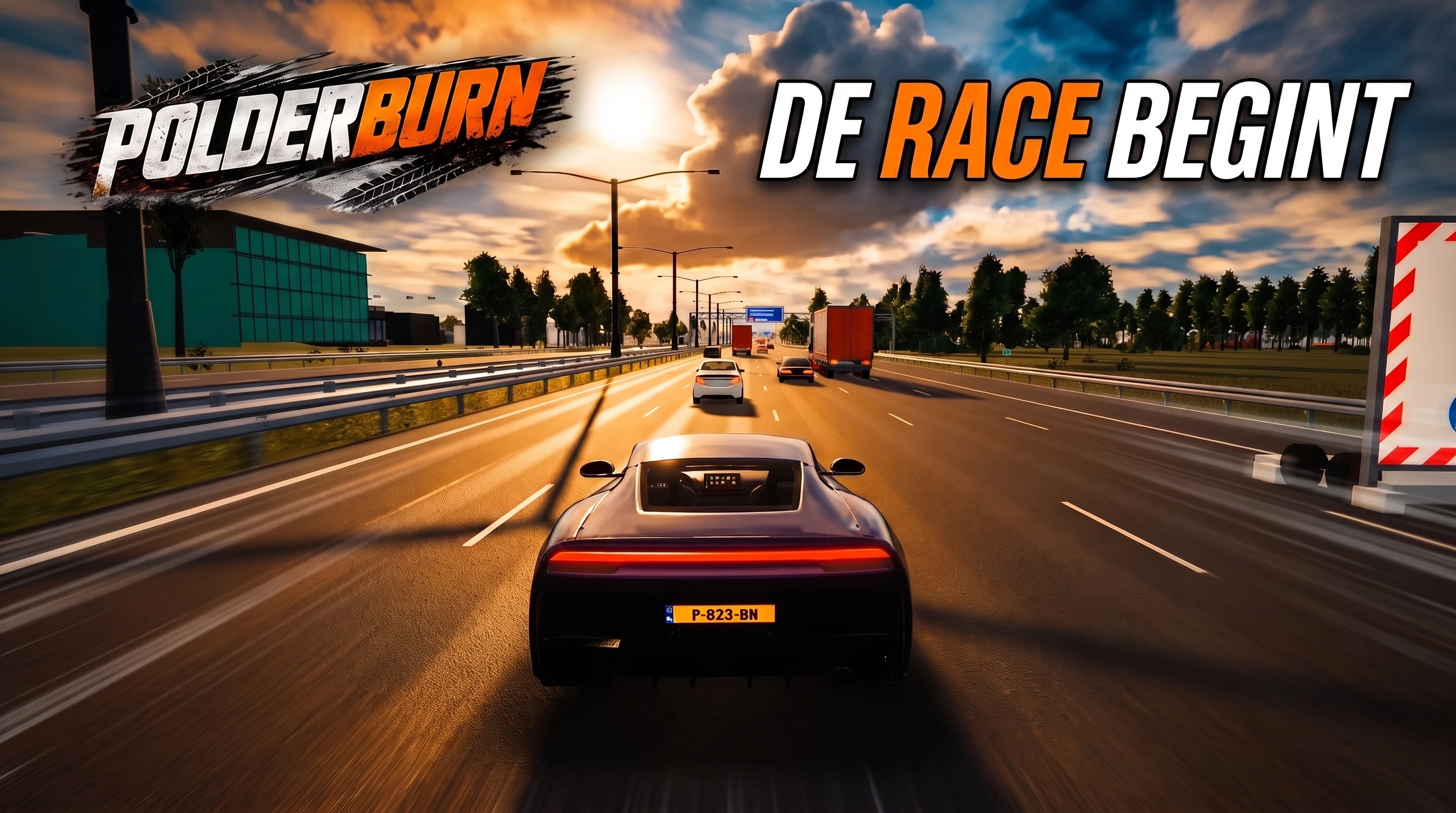 Polderburn: De race begint — raceauto op de A2 bij zonsondergang
