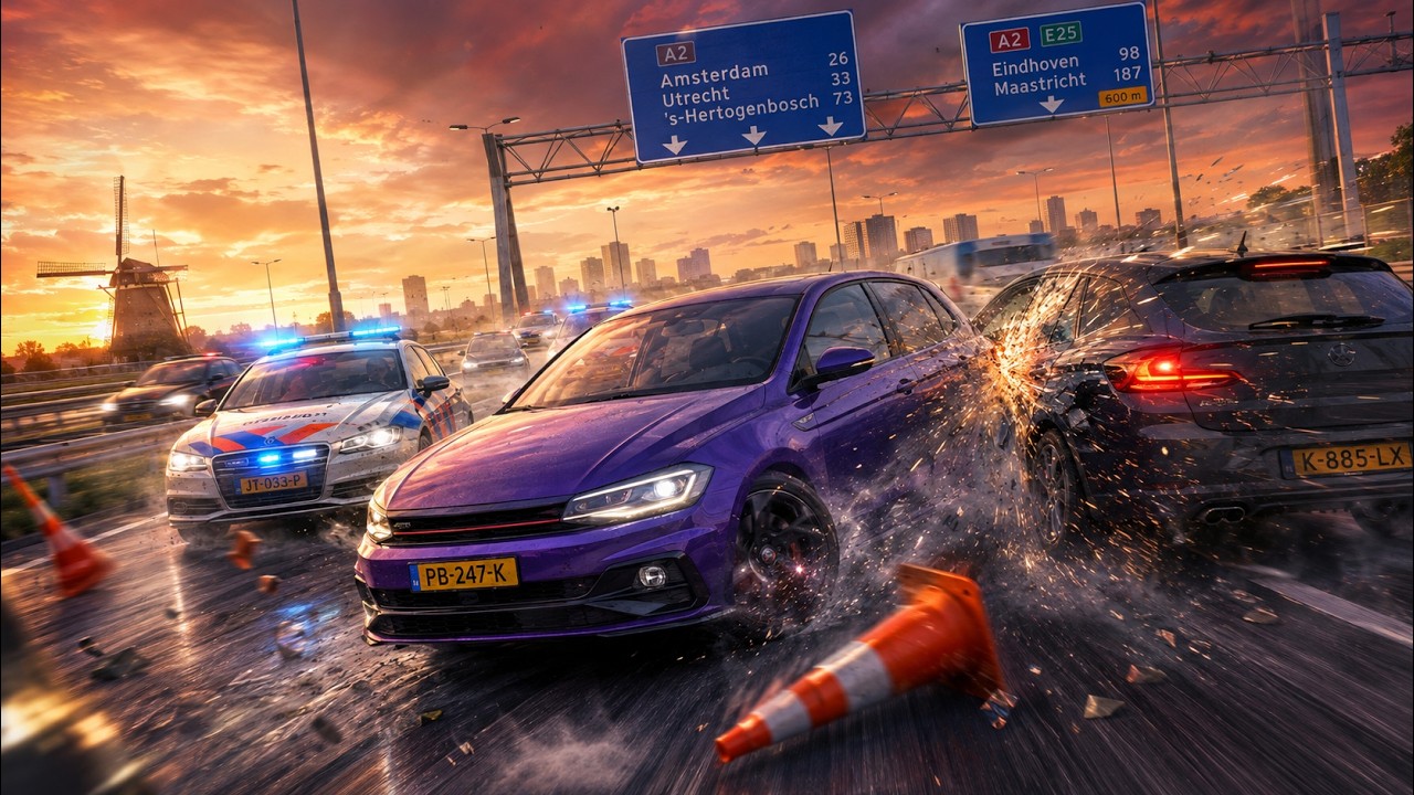 Beeld uit de Polderburn-teaser: politieachtervolging op de A2 met molen en snelwegborden